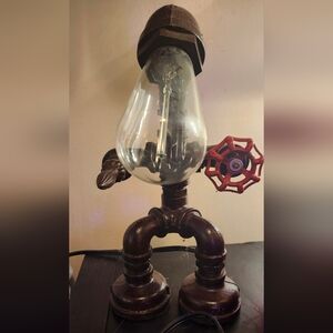 Industrial Steampunk Pipe Lamp with Red Valve